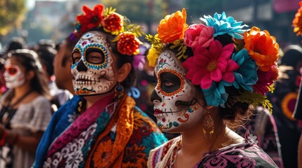 People take part in the celebration of the Dia de los Muertos. Day of the dead parade. The Day of...
