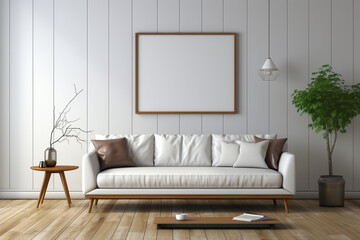 A solid mockup living room with a comfortable sofa, set against a blank empty white frame, providing a perfect space for copy text or artwork.