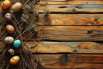 Rustic wooden background with Easter Day theme and many wooden slats - obrazy, fototapety, plakaty