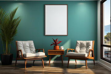 A charming setup with two chairs, a table, and a small plant, against a simple solid wall featuring a blank empty white frame for your creative additions.