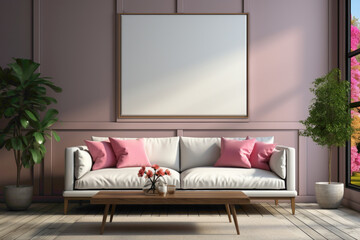 A sophisticated and well-lit living room mockup featuring solid colorful accents and an empty frame, creating a chic and inviting environment for your creative messaging.
