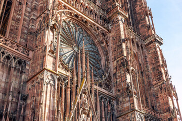 Close-up view of Cathedrale Notre Dame de Strasbourg in France Strasbourg city. Detail gothic...