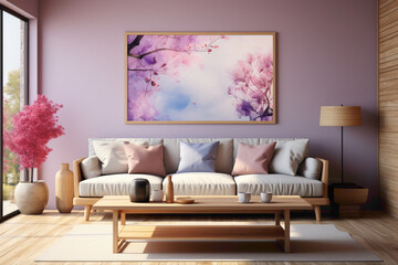 A tastefully decorated interior living room mockup with solid colorful details and an empty frame, providing a serene and visually appealing environment for your messaging.