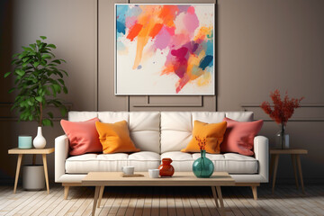A tastefully decorated living room mockup featuring solid colorful accents and a blank empty frame, providing a serene and inviting background for your creative copy.