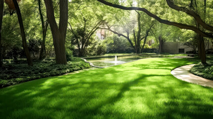 Obraz premium Summer serenity with a lawn in front of a country house and a pond. A tranquil stock photo capturing the idyllic beauty of rural landscapes in summertime