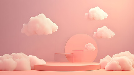 Peach Fuzz 3d pink rendering with podium and minimal cloud scene, minimal product display background. Stage 3d render in cloud product platform
