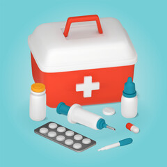First aid kit and medical equipment, pills, syringe, pipette. 3D vector illustration