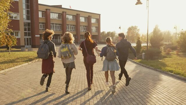Cheerful friends running at the sunset