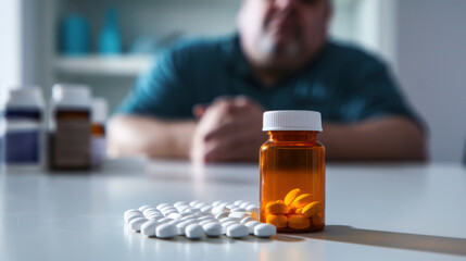 Semaglutide Weight Loss Drugs. Weight Loss Medication and Obesity Concept. Table with anti-obesity pills with the blurred figure of an overweight person in the background - obrazy, fototapety, plakaty
