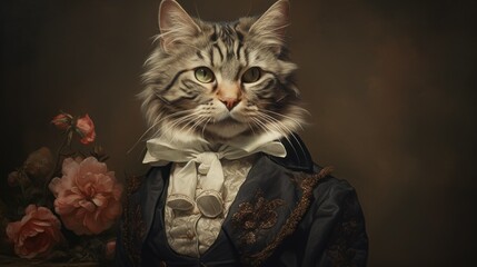 Aristocratic Cat in Traditional Period Garb. A portrait of a majestic long-haired cat wearing traditional period attire, with a vintage floral backdrop, evoking a sense of historical grandeur.
