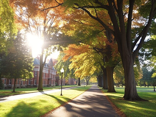 A scenic view of tree-lined streets showcasing historic stately homes in a peaceful neighborhood.