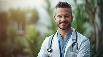 A young male doctor with a friendly demeanor stands confidently outdoors, stethoscope around his neck, suggesting a theme of accessible healthcare and professional trust