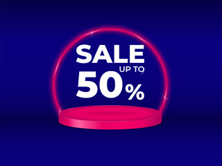 Pink catwalk with a neon circle on a dark blue background with the text sale