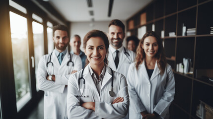 Fototapeta premium A confident female doctor with a beaming smile leads a team of healthcare workers, offering an image that emphasizes leadership and expertise in a clinical setting