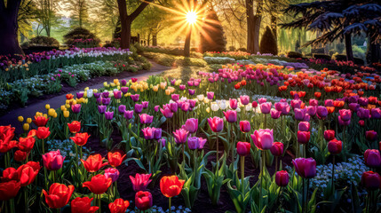 Fototapeta na wymiar City park pedestrian area beside blooming tulips in spring. A vibrant stock photo capturing the charm and beauty of urban green spaces in full bloom.
