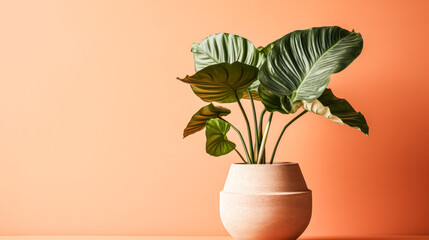 Indoor elegance with Calathea plant in a clay pot. A captivating stock photo showcasing the beauty of lush foliage as stylish home decor.