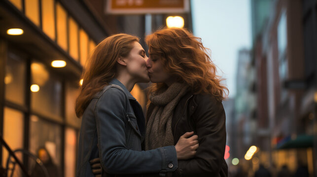 Tender moment between two women, with a cityscape in the background, conveys romance and intimacy, highlighting themes of love and urban life and LGBTQ+ representation