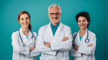 Three medical professionals, two women and one man, are smiling confidently against a teal backdrop, showcasing the collaborative and inclusive spirit of modern healthcare teams