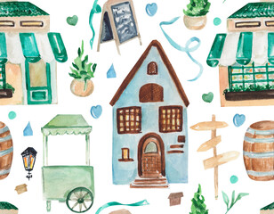 Watercolor seamless pattern. Cute houses. Colorful buildings. Design with architecture. Idea for wrapping paper, gifts, congratulation, backgrounds, textile, home decor, package