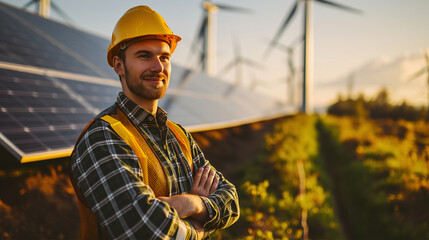A cheerful young technician with a hard hat is standing with crossed arms in front of solar panels and wind turbines at sunset, representing the growing industry of renewable energy and sustainability