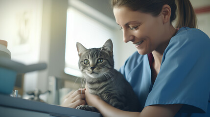 Beautiful Female Vet Nurse Examining Cute Happy Cat in Veterinary Clinic - Animal Health Checkup