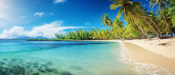 A stunning tropical beach paradise with lush palm trees and crystal clear waters.