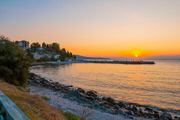 Obraz premium Outdoor cafes and restaurants on the Black sea coast in old town of Nessebar. Sea resort in Bulgaria
