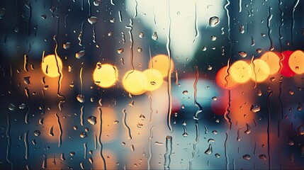 Raindrops on the windshield. Blurred lights of the night city behind rainy glass. Rainy night. Defocused view of city road through wet glass. Illustration for card, poster, cover, brochure, etc. - obrazy, fototapety, plakaty