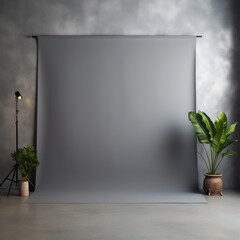 Gray photography backdrop with plants and lighting equipment
