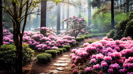 Foto op Plexiglas Botanical beauty with vibrant flowers and a stone path in a serene garden. A captivating stock photo capturing the allure of colorful blooms and tranquil landscapes © Людмила Мазур
