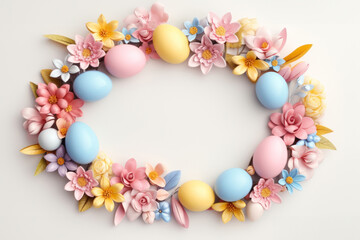 Naklejka na ściany i meble Easter wreath of pastel pink and blue eggs on white background. Religion tradition pattern. View from above. Flat lay style. Happy Easter. Greeting card. Copy space.