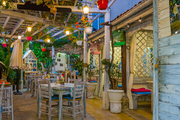 The Ancient City of Nessebar, Fishing Harbor. Black Sea Coast, Burgas. Nightlife in the city. Empty restaurant