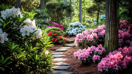 Fototapeta na wymiar Botanical beauty with vibrant flowers and a stone path in a serene garden. A captivating stock photo capturing the allure of colorful blooms and tranquil landscapes