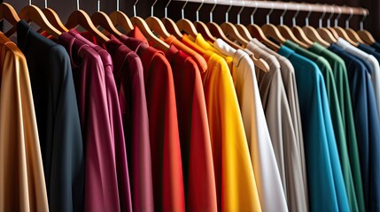 Close-up of a rack with wooden hangers on which women's blouses or dresses hang. Assortment in a clothing store. The concept of updating the wardrobe, sales or purchases. Illustration for advertising.