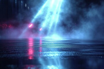 Rain-soaked asphalt reflects city lights and a piercing searchlight, while swirling smoke adds an abstract touch to the dark, empty street. This cinematic atmosphere captures the mystery night