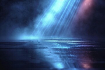 Rain-soaked asphalt reflects city lights and a piercing searchlight, while swirling smoke adds an abstract touch to the dark, empty street. This cinematic atmosphere captures the mystery of a night ci