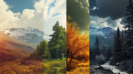 Four Seasons: Document the same landscape across all four seasons. Showcase the changing colors, weather, and moods of the location, providing a comprehensive view of its natural beauty. Generative AI - obrazy, fototapety, plakaty