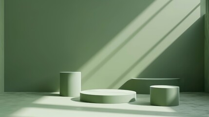 abstract green sage background with empty stage Cylinder podium display, showcase for product presentation