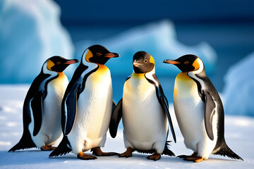 A group of fluffy, small penguins huddling together, soft shadows playing across their black and white feathers, icy blue backdrop of a snowy Antarctic landscape. Generative AI