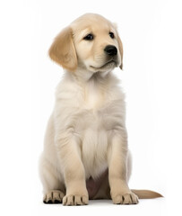 Portrait of cute golden retriever puppy on white background