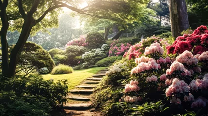 Foto op Canvas Botanical beauty with vibrant flowers and a stone path in a serene garden. A captivating stock photo capturing the allure of colorful blooms and tranquil landscapes © Людмила Мазур