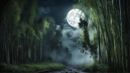 Naklejka premium bamboo forest with the moon in the sky