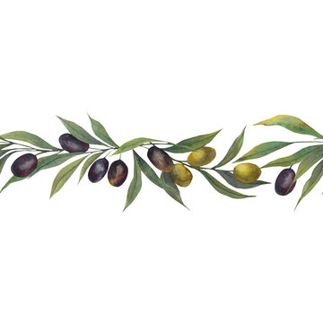 Seamless watercolor border with olives. Watercolor hand drawn illustration. An illustration of an olive hand-drawn on an isolated background. Olive branches. For menu, packaging design.
