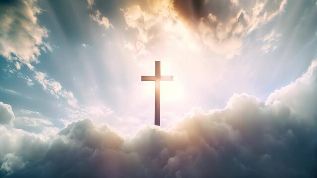 
Jesus cross symbol on infinite sky background. Sky with clouds and sun rays with Christian cross in the middle - religious catholic background with copy space