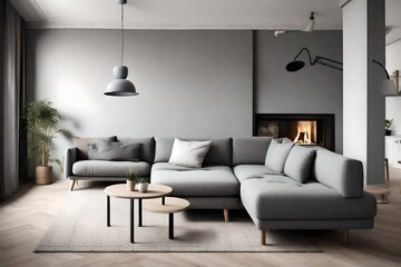 Grey corner sofa near fireplace.  interior design of modern living room.  