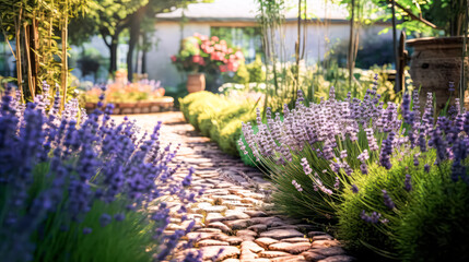 Lavender bushes in the garden, bathed in the evening sun with a house in the background. A serene stock photo capturing the essence of tranquil landscapes
