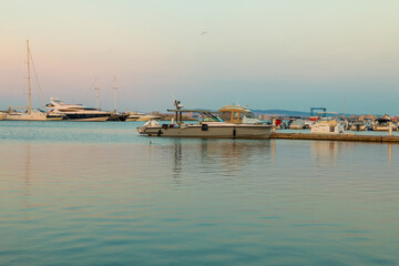 Fototapeta na wymiar Yacht port in the town of Saint Vlas (Sweti Vlas) in Bulgaria. Sunset and beautiful views of the marina.