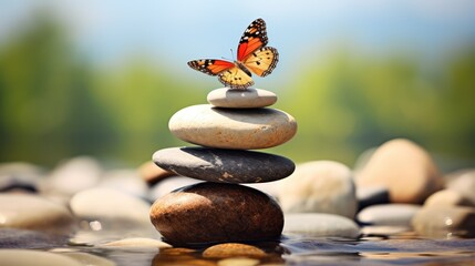 surrealist butterfly on a pebble stone stack in a garden, embodying the harmony of life. Metaphorically express the calm and balance of living by nature while integrating technology