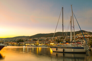 Yacht port in the town of Saint Vlas (Sweti Vlas) in Bulgaria. Sunset and beautiful views of the...