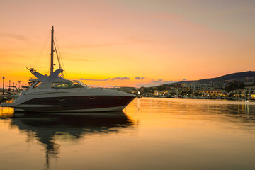 Yacht port in the town of Saint Vlas (Sweti Vlas) in Bulgaria. Sunset and beautiful views of the marina.